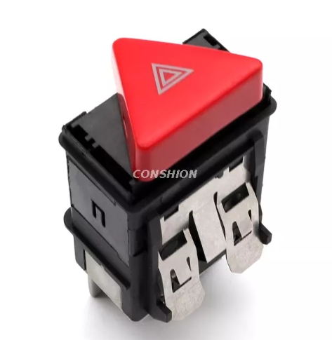 Hazard warning switch A car with hazard warning lights activated, displaying flashing front and rear indicators to signal a potential hazard on the road.