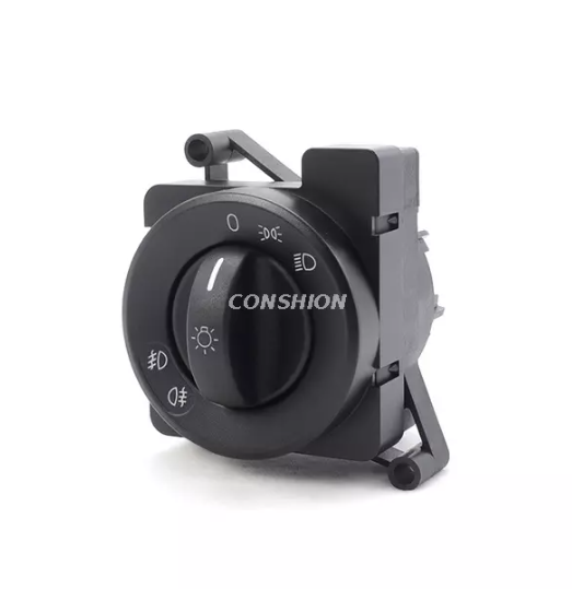  Close-up of a car's headlight switch on the dashboard, featuring settings for off, parking lights, low beams, and high beams, commonly found in modern vehicles.